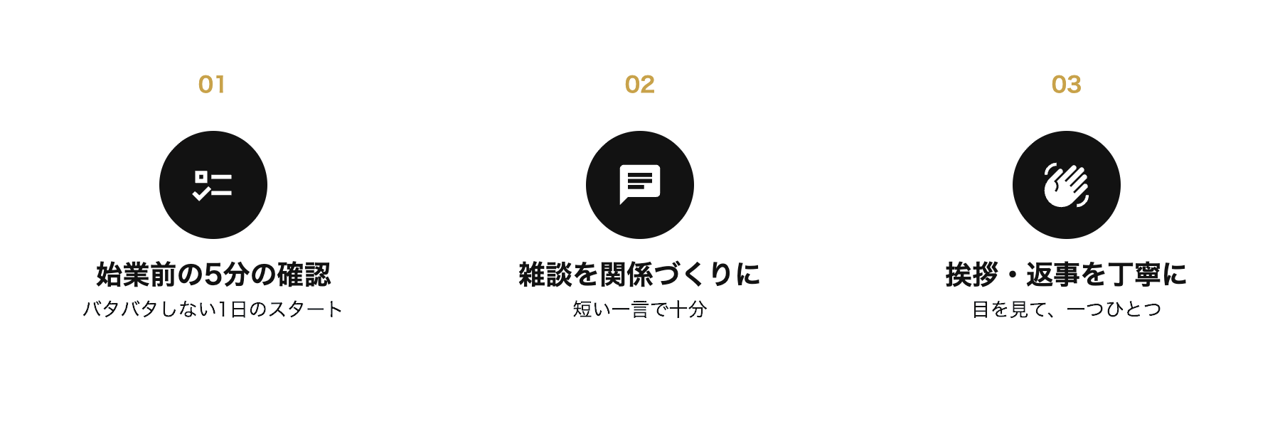 始業前5分の確認・雑談を関係づくりに・挨拶と返事を丁寧にの3つの習慣を示す黒バッジのアイコン
