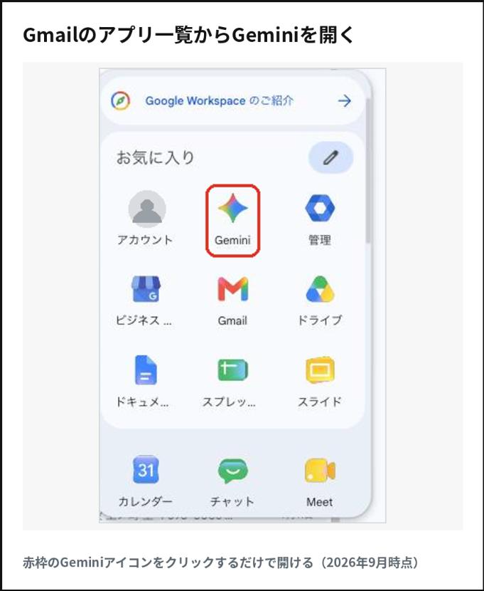Gmail右上のアプリ一覧から赤枠のGeminiアイコンをクリックするだけでチャット画面に入れる