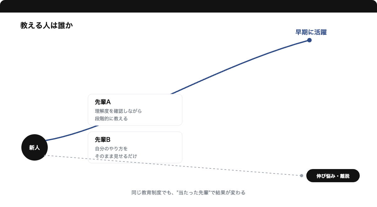 教える先輩によって新人の育ち方の結果が分かれる配属ガチャの図